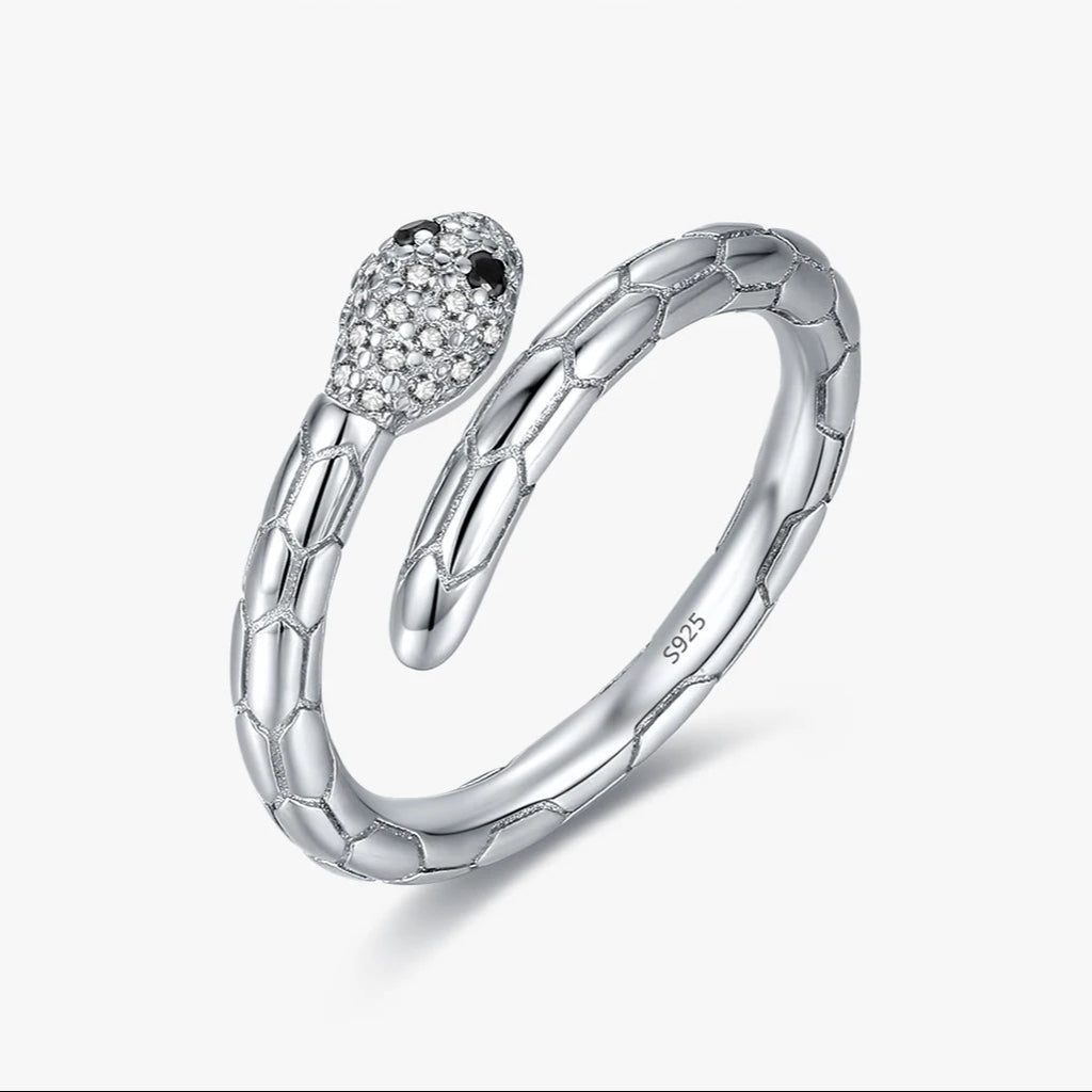 925 Sterling Silver Platinum Plated Adjustable Snake Ring Trendy Black Zircon Vintage Textures Jewelry for Women Gifts