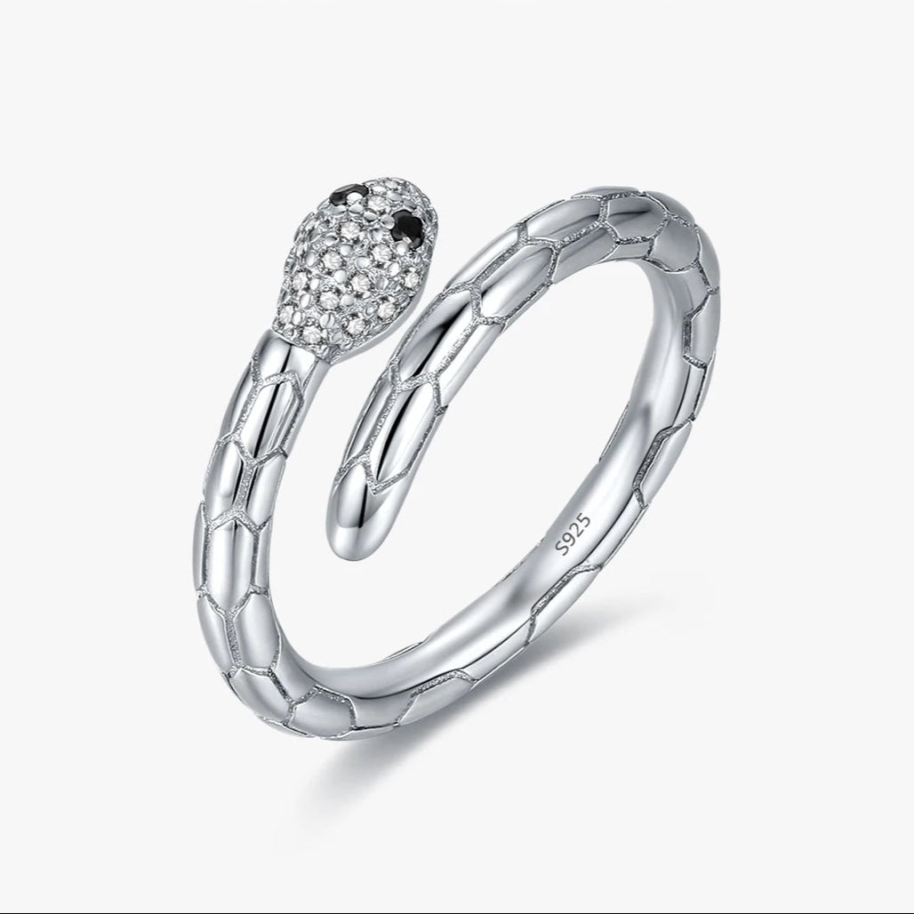 925 Sterling Silver Platinum Plated Adjustable Snake Ring Trendy Black Zircon Vintage Textures Jewelry for Women Gifts
