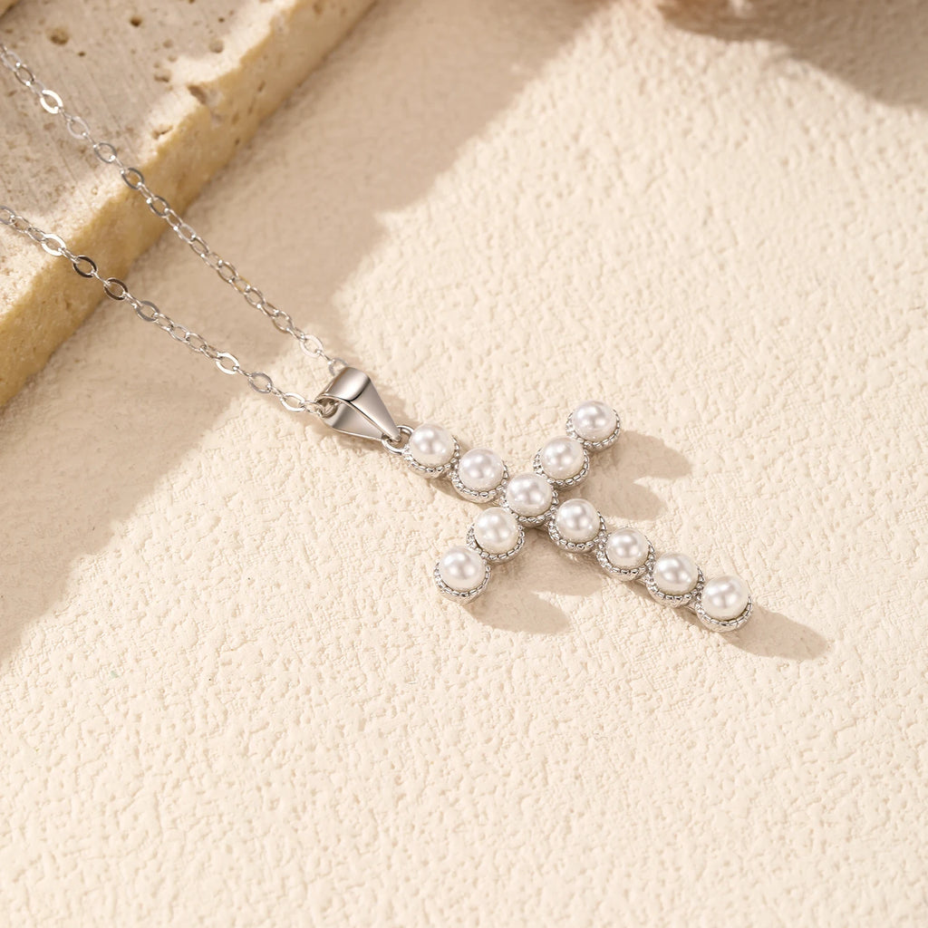 925 Sterling Silver Fancy Elegant Simulated Pearls Cross Pendant Necklace for Women Anniversary Fine Jewelry Gifts