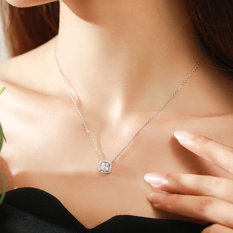 Real 925 Sterling Silver Exquisite Square Shiny Zirconia Pendant Clear CZ Chain Necklace for Women Wedding Fine Jewelry