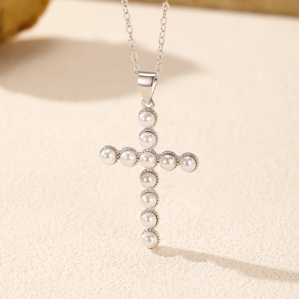 925 Sterling Silver Fancy Elegant Simulated Pearls Cross Pendant Necklace for Women Anniversary Fine Jewelry Gifts