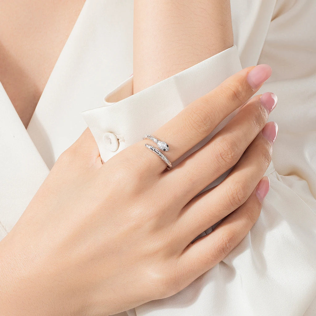 925 Sterling Silver Platinum Plated Adjustable Snake Ring Trendy Black Zircon Vintage Textures Jewelry for Women Gifts