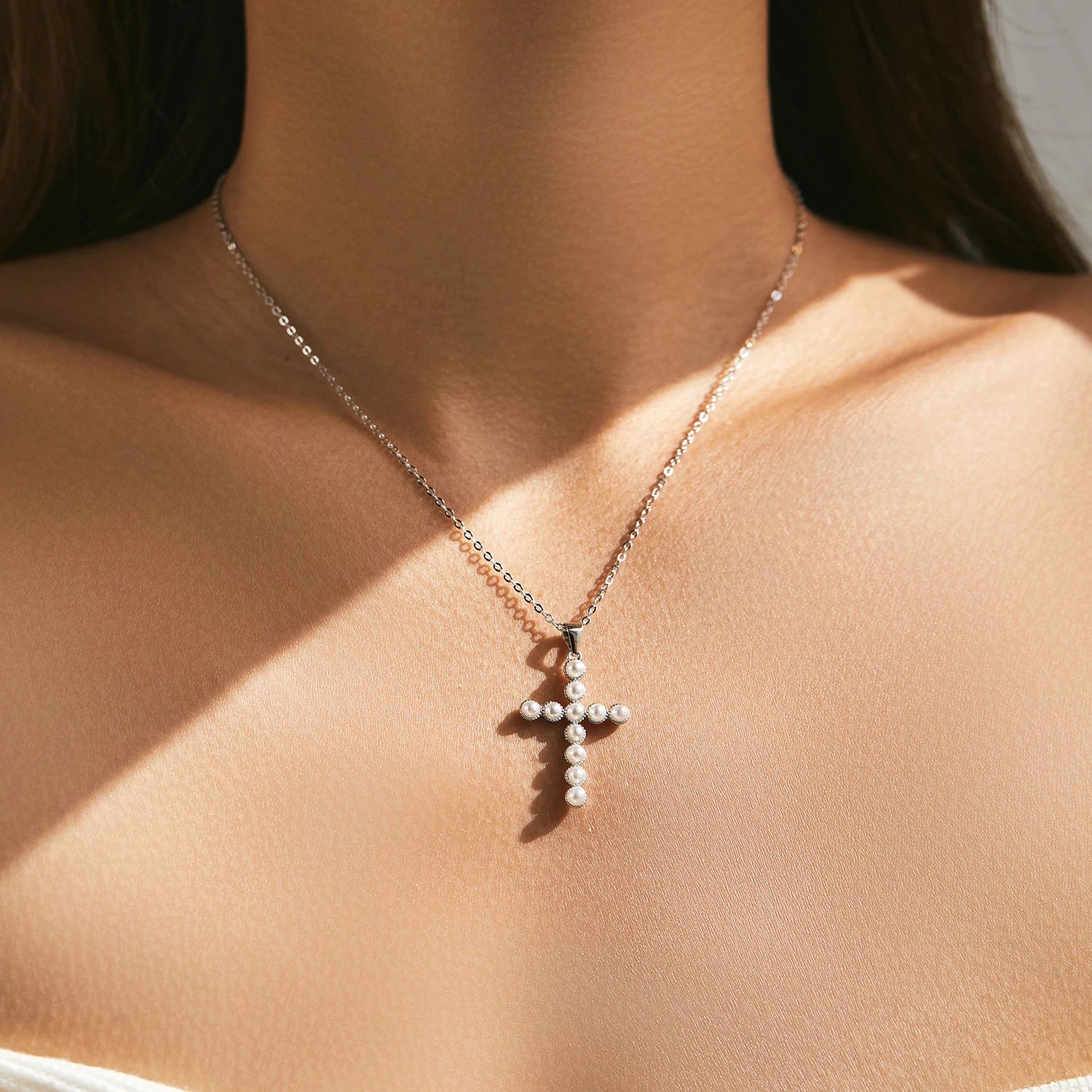 925 Sterling Silver Fancy Elegant Simulated Pearls Cross Pendant Necklace for Women Anniversary Fine Jewelry Gifts